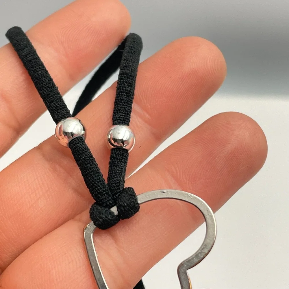 Vintage 90s Heart Charm Bracelet Black Cord Silver Tone Beads Boho Minimalist